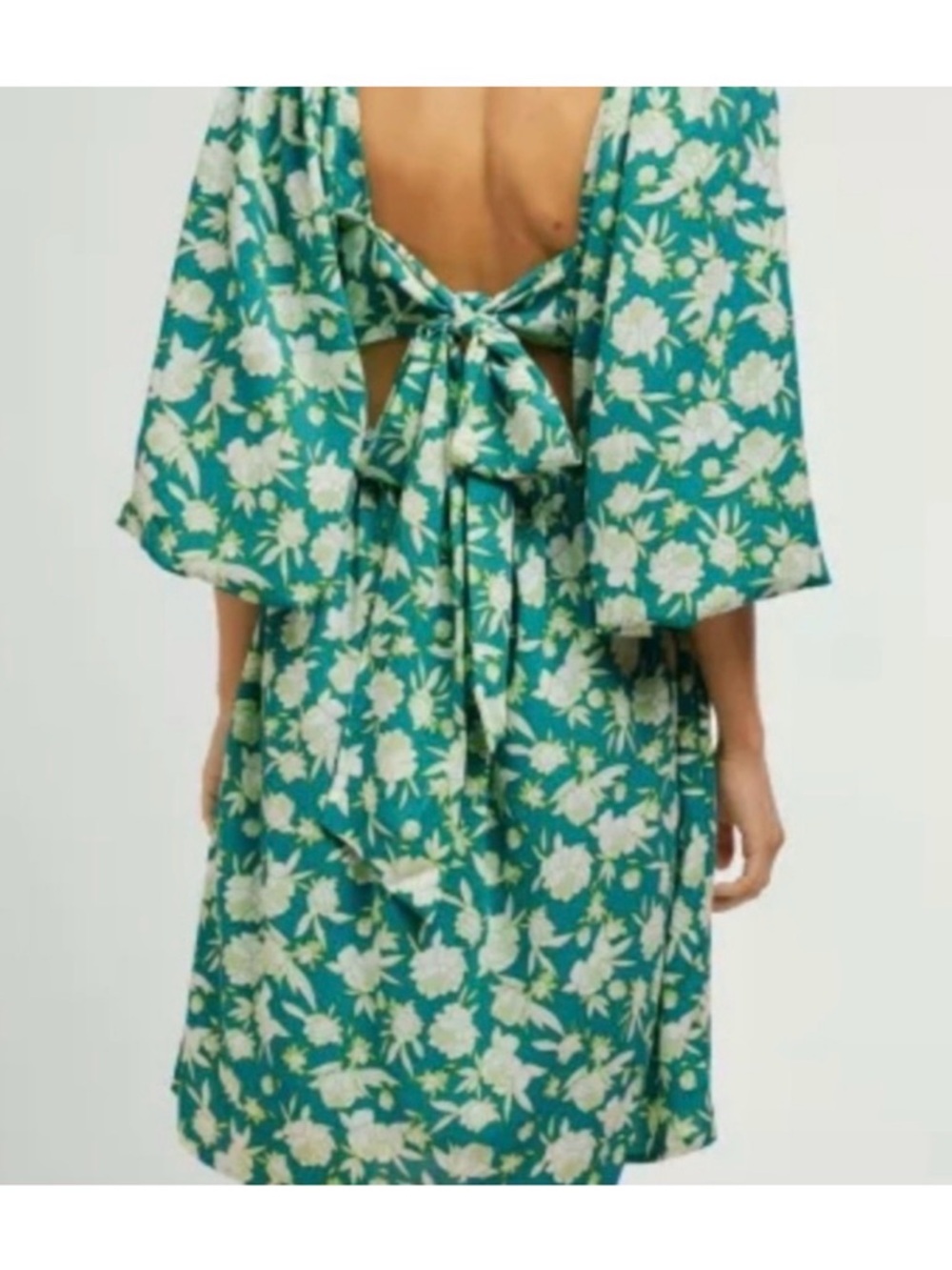 Davi & Dani Teal Floral Dress Plus 3X NWT Open Tie‑Back Lantern Sleeve Midi - Picture 7 of 12